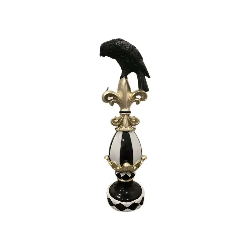 New Black & White Stripes Halloween Crow Perched Fleur de Lis Resin Decor Figure